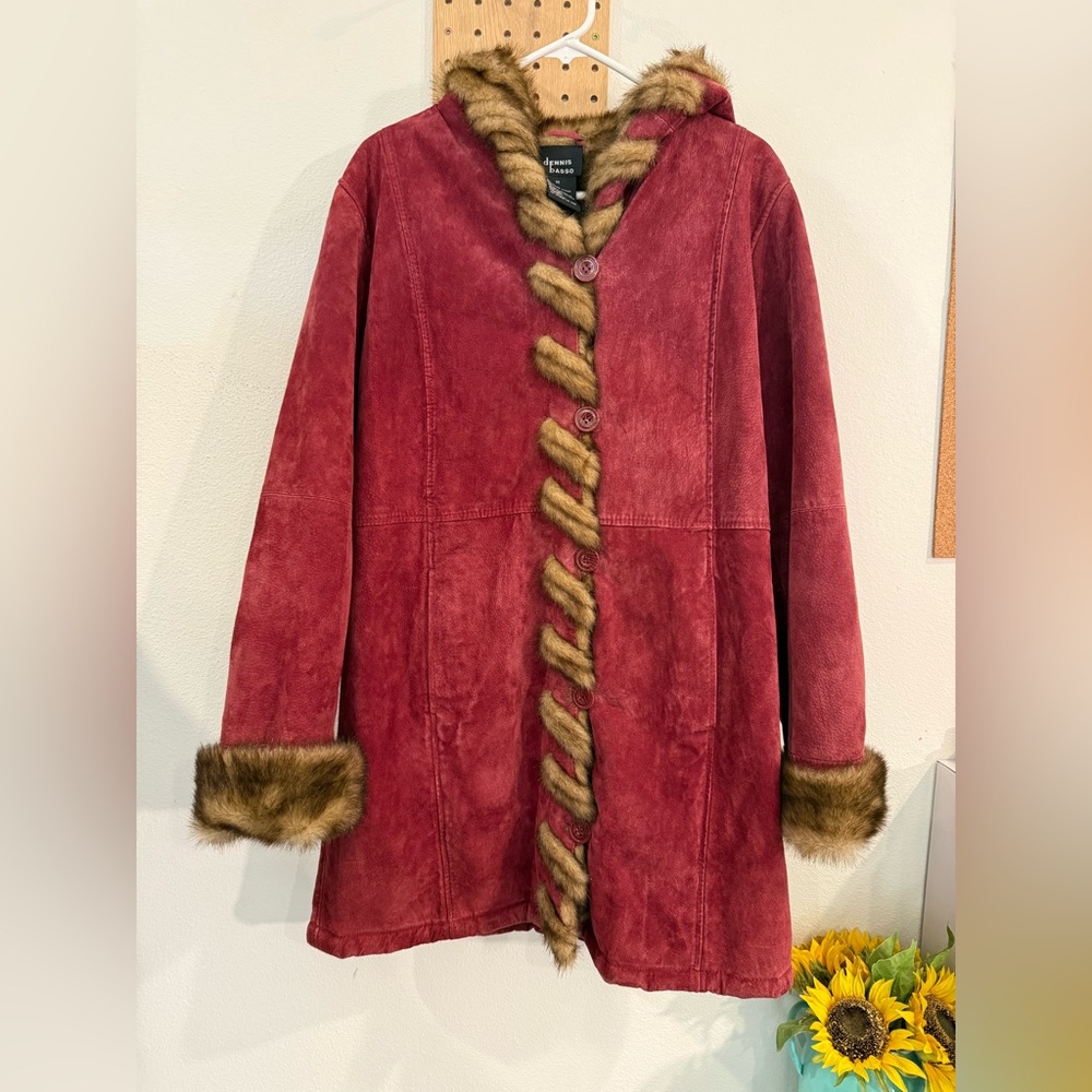 dennis basso Red Suede Trench Coat with Tan Faux Fur Trim